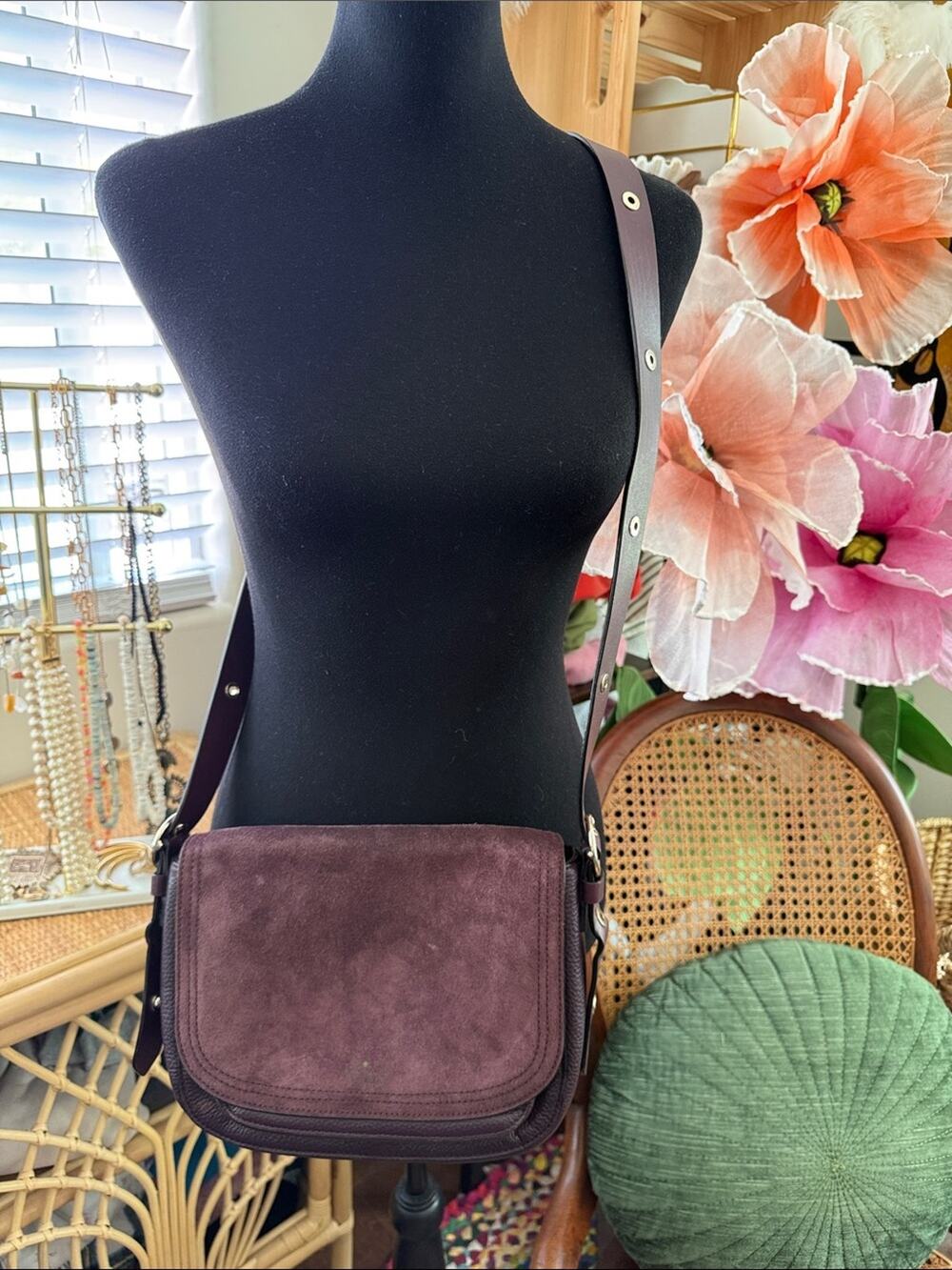 Kate Spade New York Eggplant Suede Classic Preppy Adjustable Crossbody Purse Bag